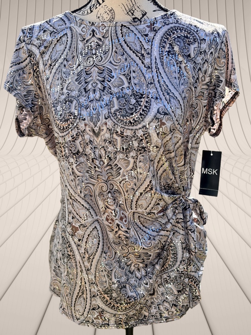 MSK Women's Large Paisley Top black tan silver side tie short sleeve dressy shim